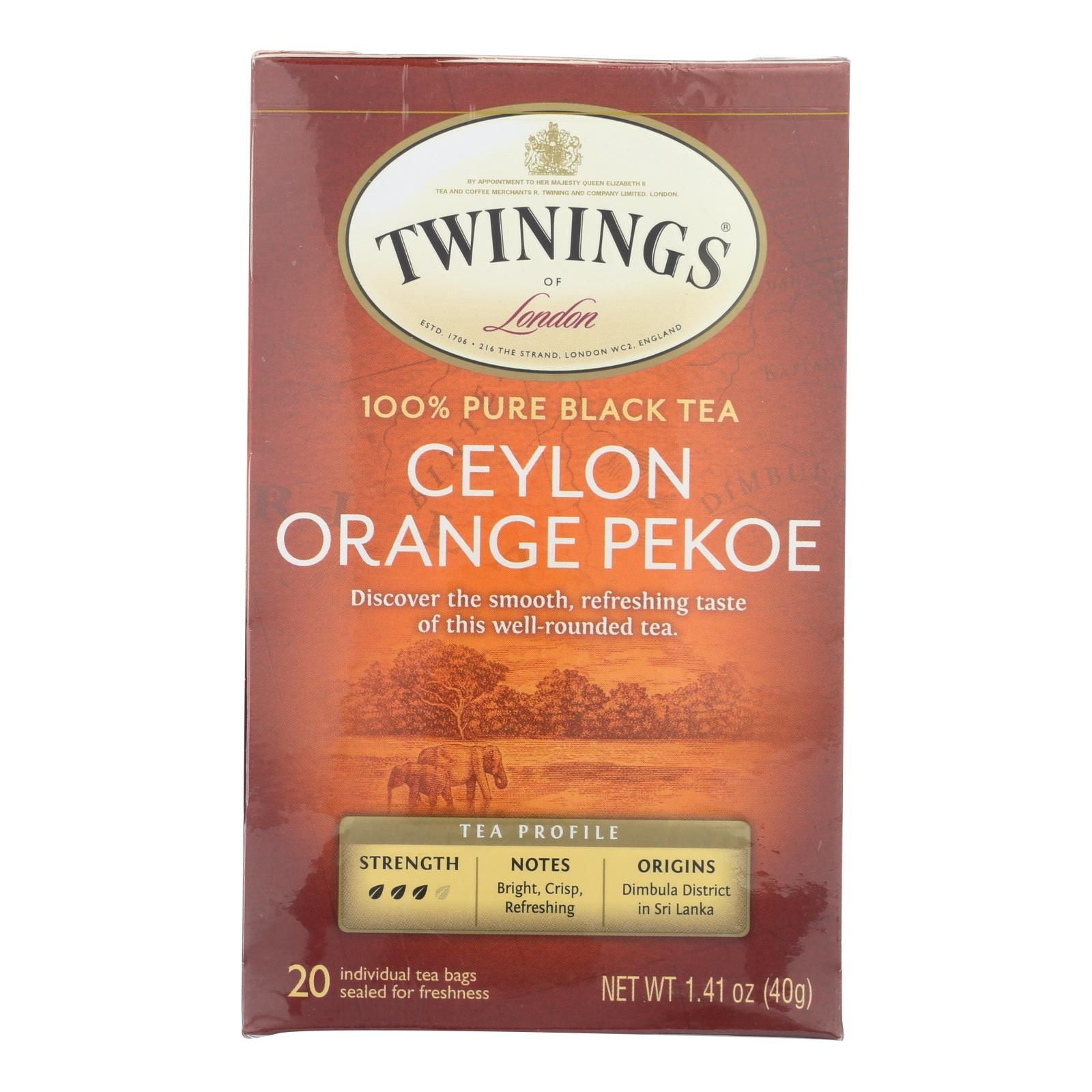 Twinings Ceylon Orange Pekoe Black Tea – 20 Bags, Case of 6