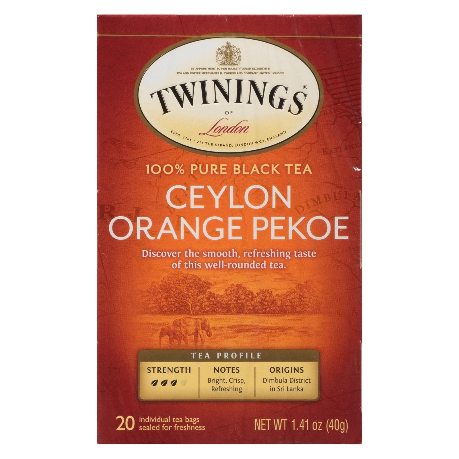 Twinings Ceylon Orange Pekoe Black Tea – 20 Bags, Case of 6