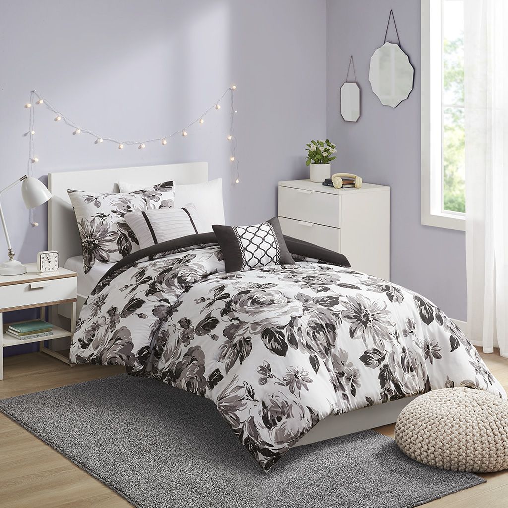 Black and White Floral Twin Comforter Set