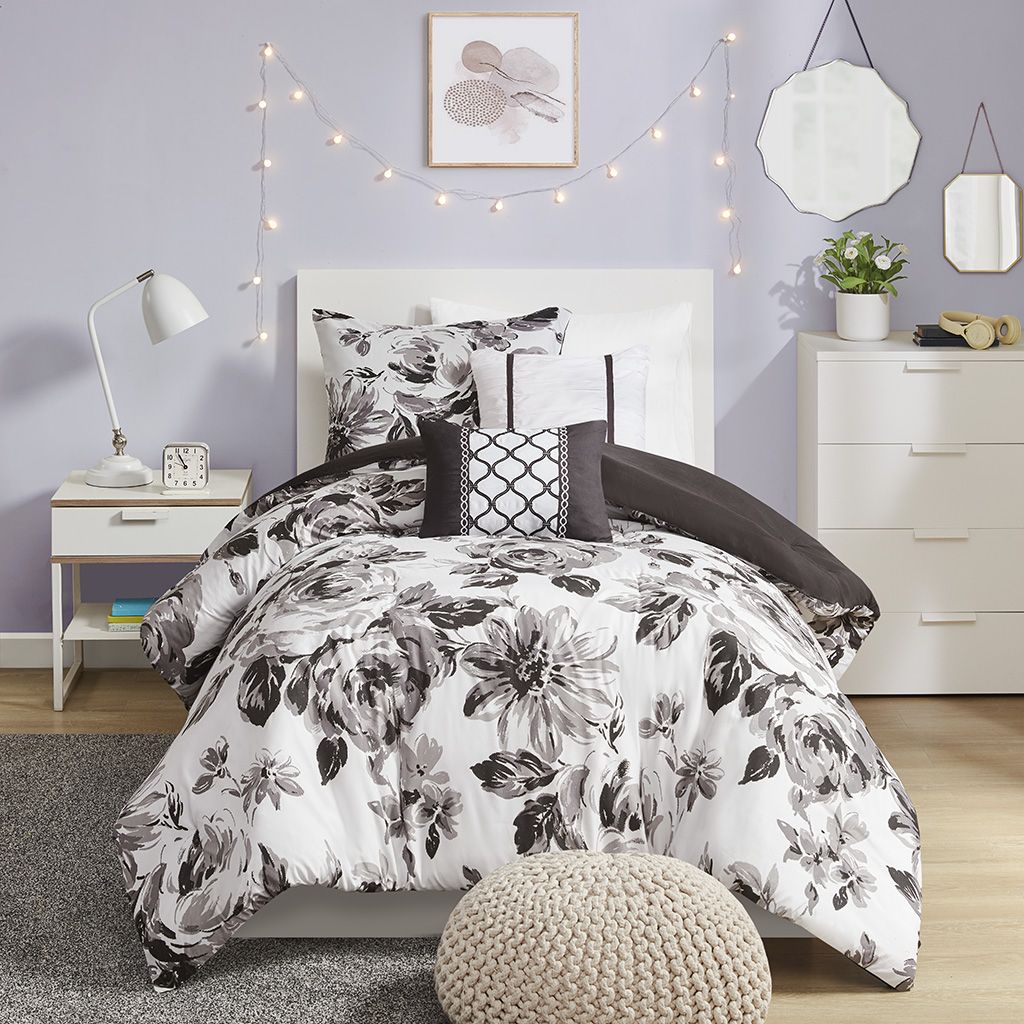 Black and White Floral Twin Comforter Set