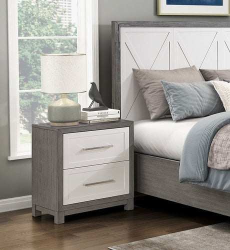 Two Drawers Nightstand in Ivory and Gray Finish with Dovetail Drawers