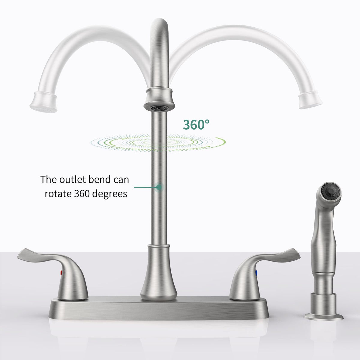Two-Handle Kitchen Faucet with Pull-Out Side Sprayer and 360-Degree Swivel Spout