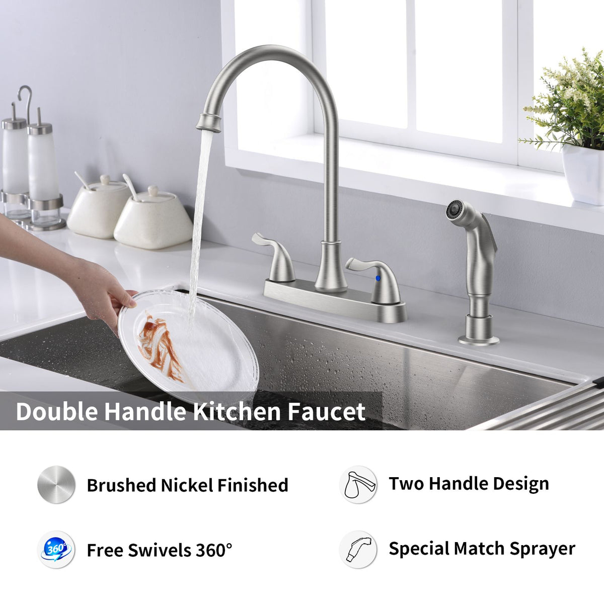 Two-Handle Kitchen Faucet with Pull-Out Side Sprayer and 360-Degree Swivel Spout