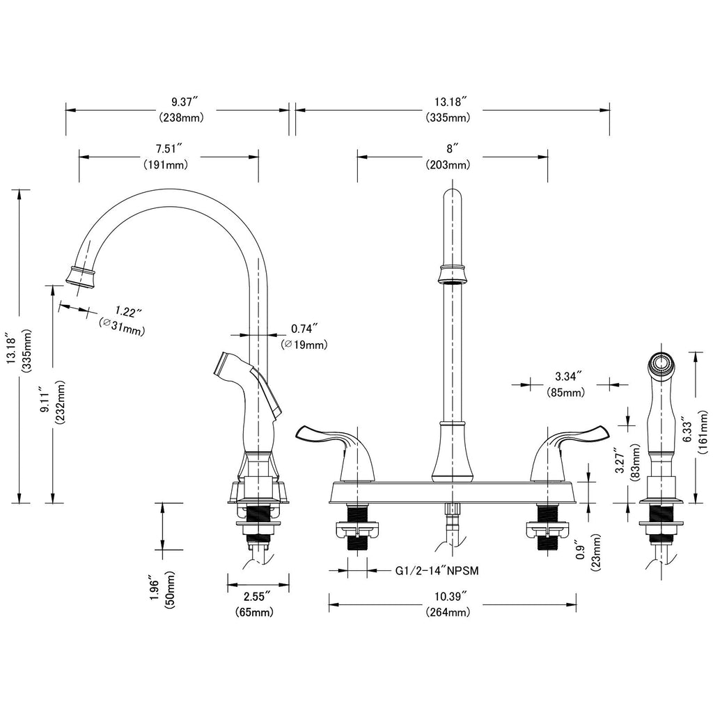 Two-Handle Kitchen Faucet with Pull-Out Side Sprayer and 360-Degree Swivel Spout