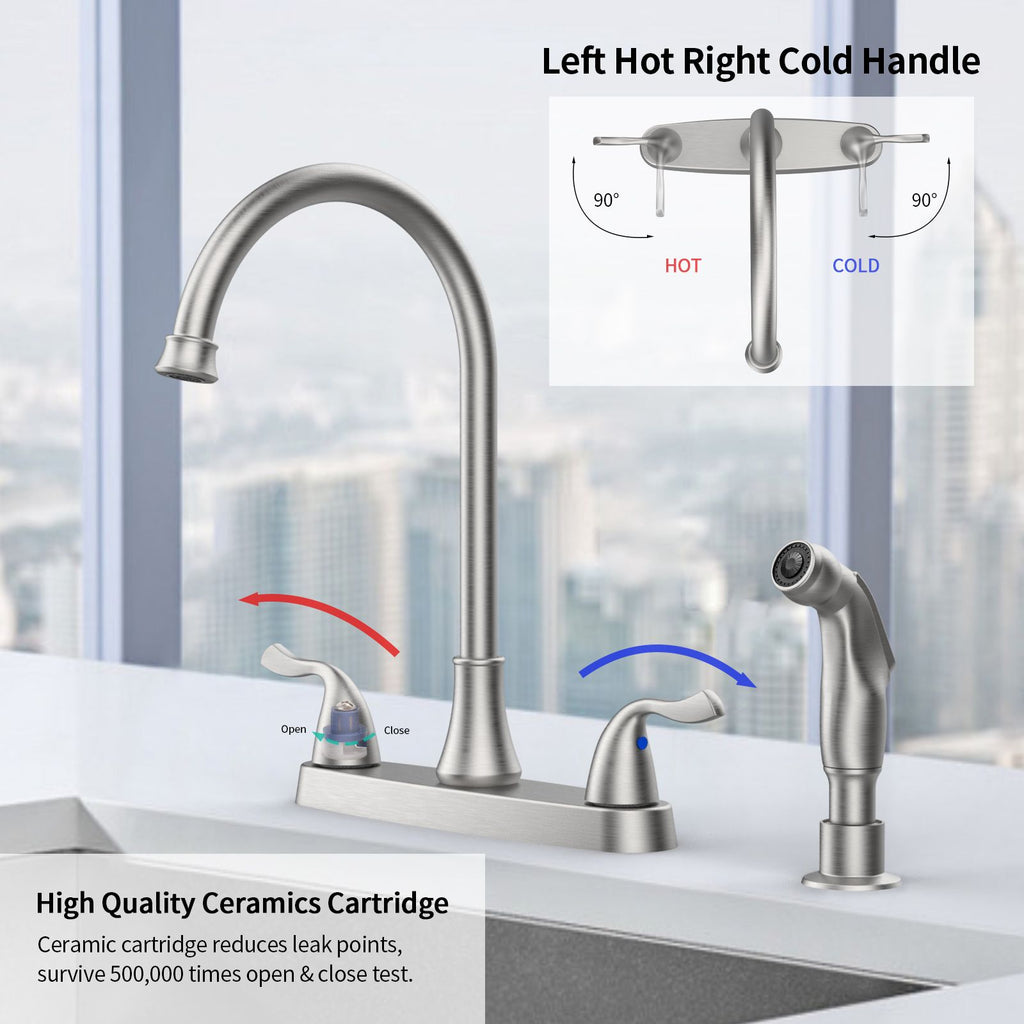 Two-Handle Kitchen Faucet with Pull-Out Side Sprayer and 360-Degree Swivel Spout