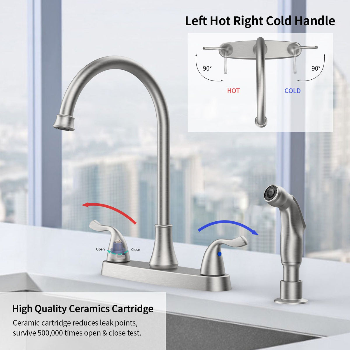 Two-Handle Kitchen Faucet with Pull-Out Side Sprayer and 360-Degree Swivel Spout