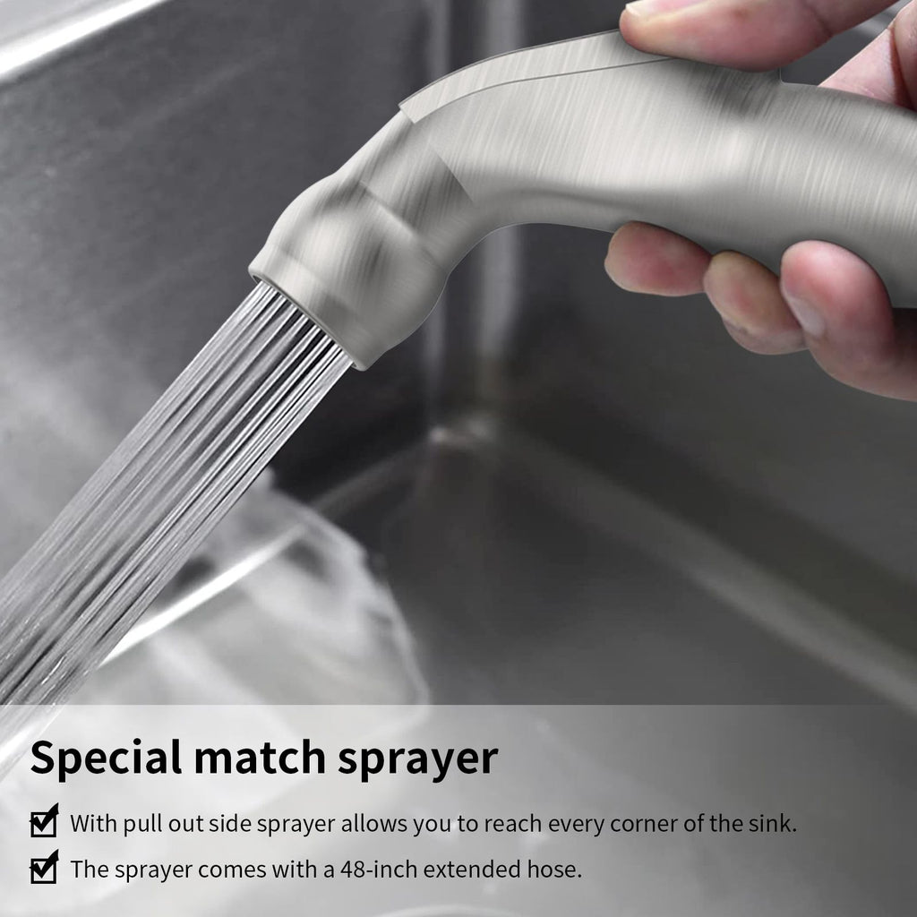 Two-Handle Kitchen Faucet with Pull-Out Side Sprayer and 360-Degree Swivel Spout