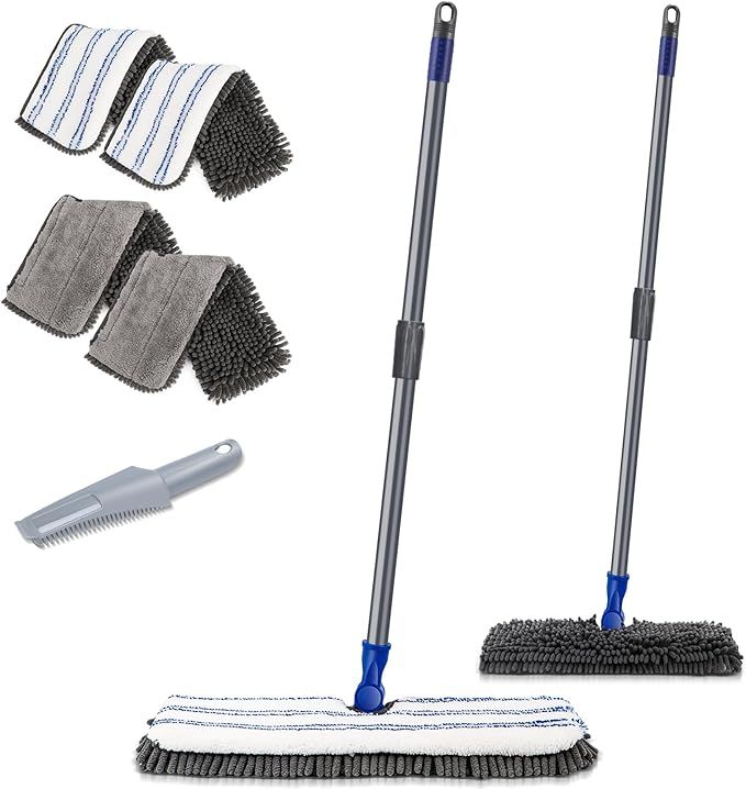 Two-Sided Microfiber Mop with Stainless Steel Handle and 4 Washable Pads