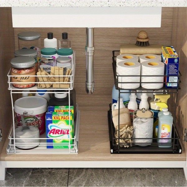 Two-Tier Pull-Out Organizer for Under-Sink Kitchen and Bathroom Cabinets