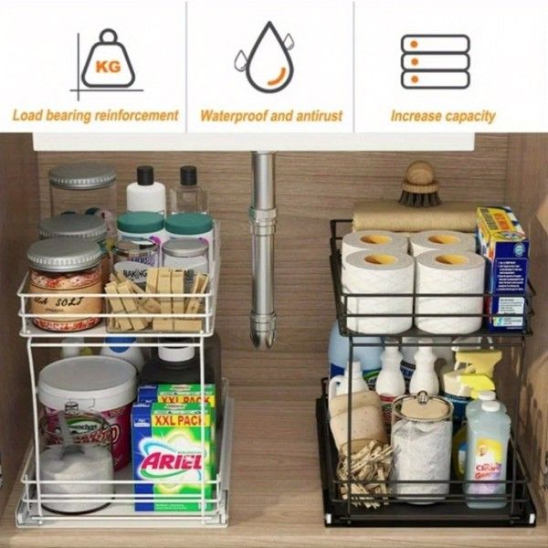 Two-Tier Pull-Out Organizer for Under-Sink Kitchen and Bathroom Cabinets