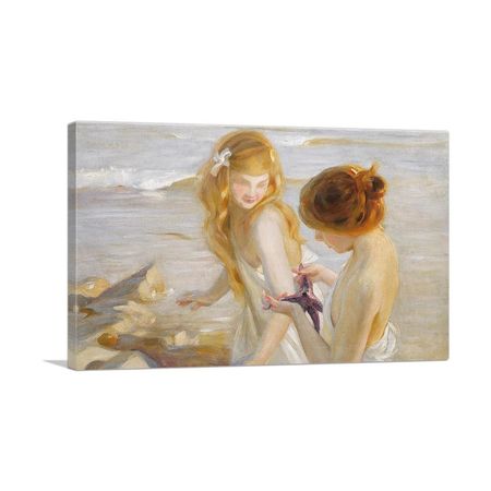 Two Young Girls Looking at Starfish Canvas Art