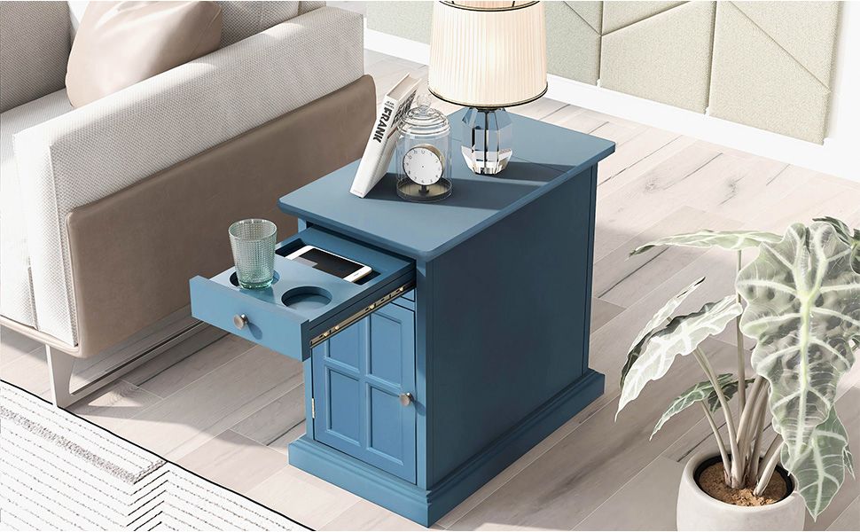 Antique Navy Chairside Table with Power and Hidden Storage