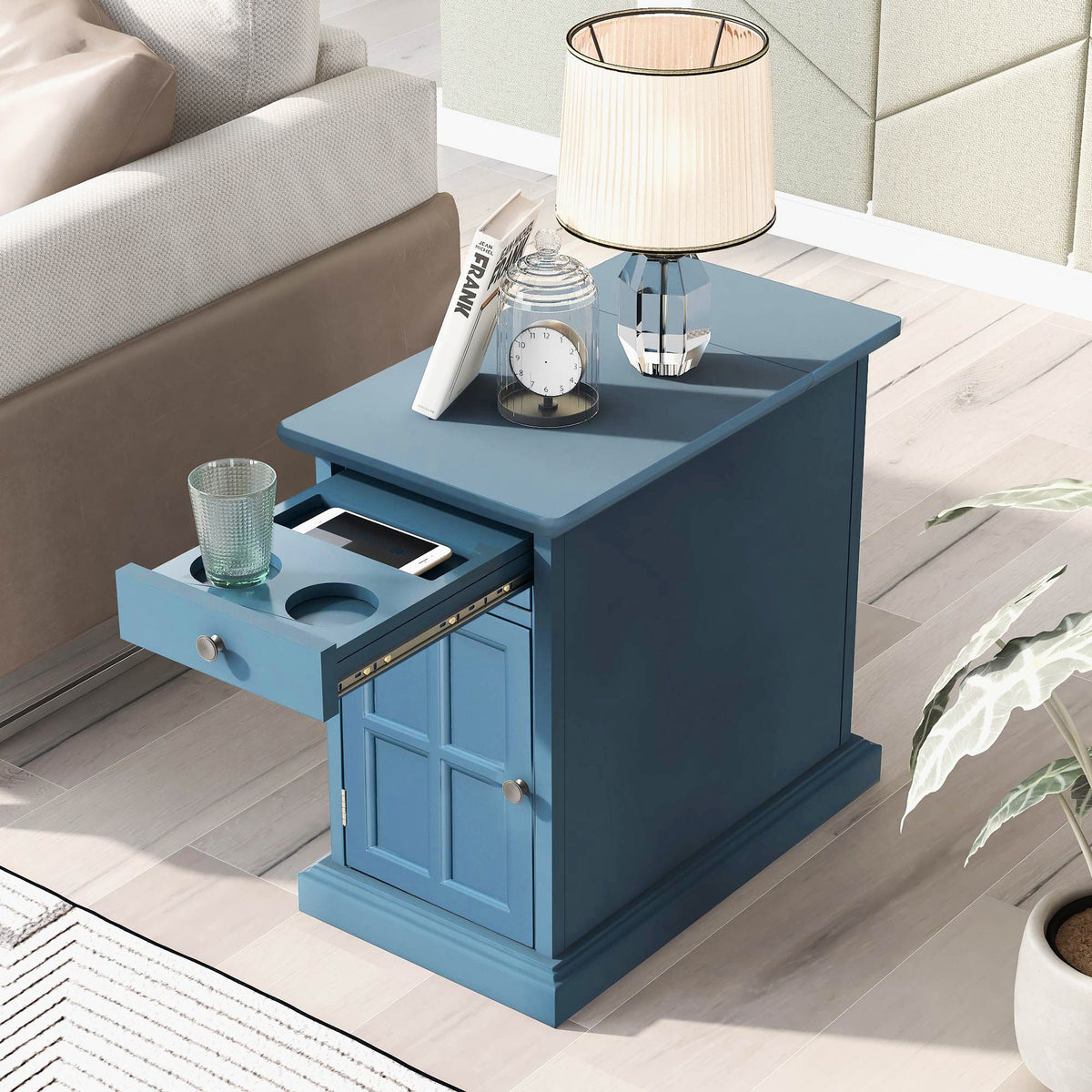 Antique Navy Chairside Table with Power and Hidden Storage