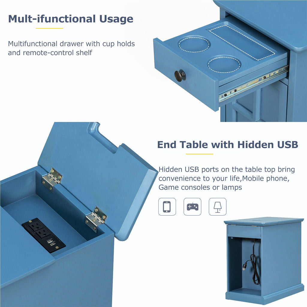 Antique Navy Chairside Table with Power and Hidden Storage