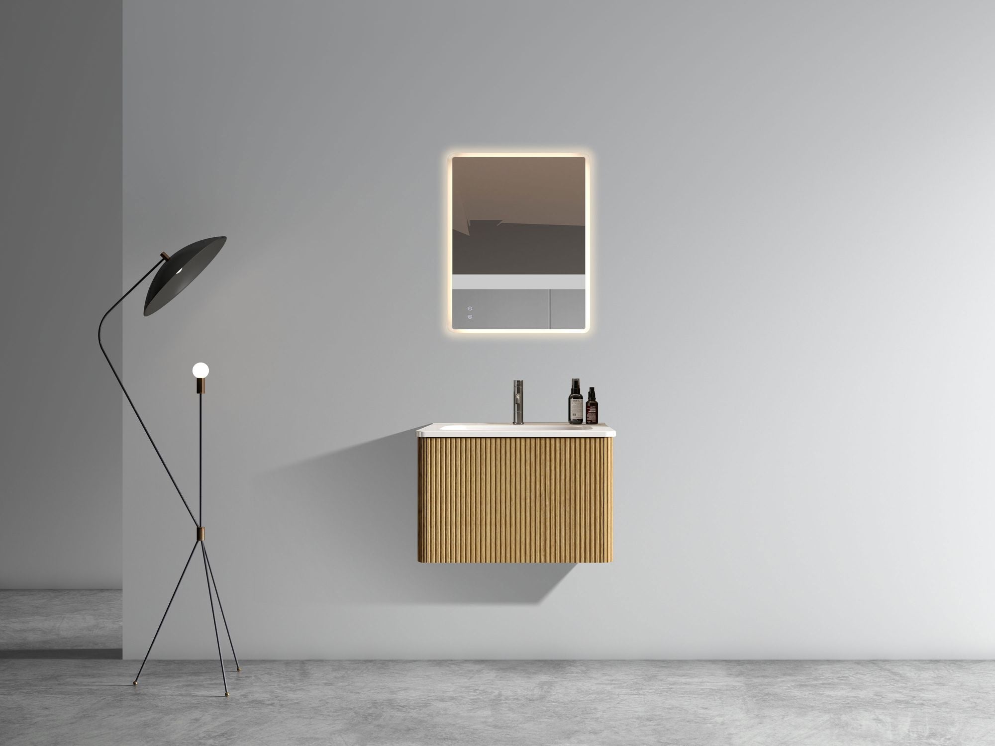 Etna 24" Striped Natural Oak Floating Bathroom Vanity with White Ceramic Sink and Push-Open Drawer