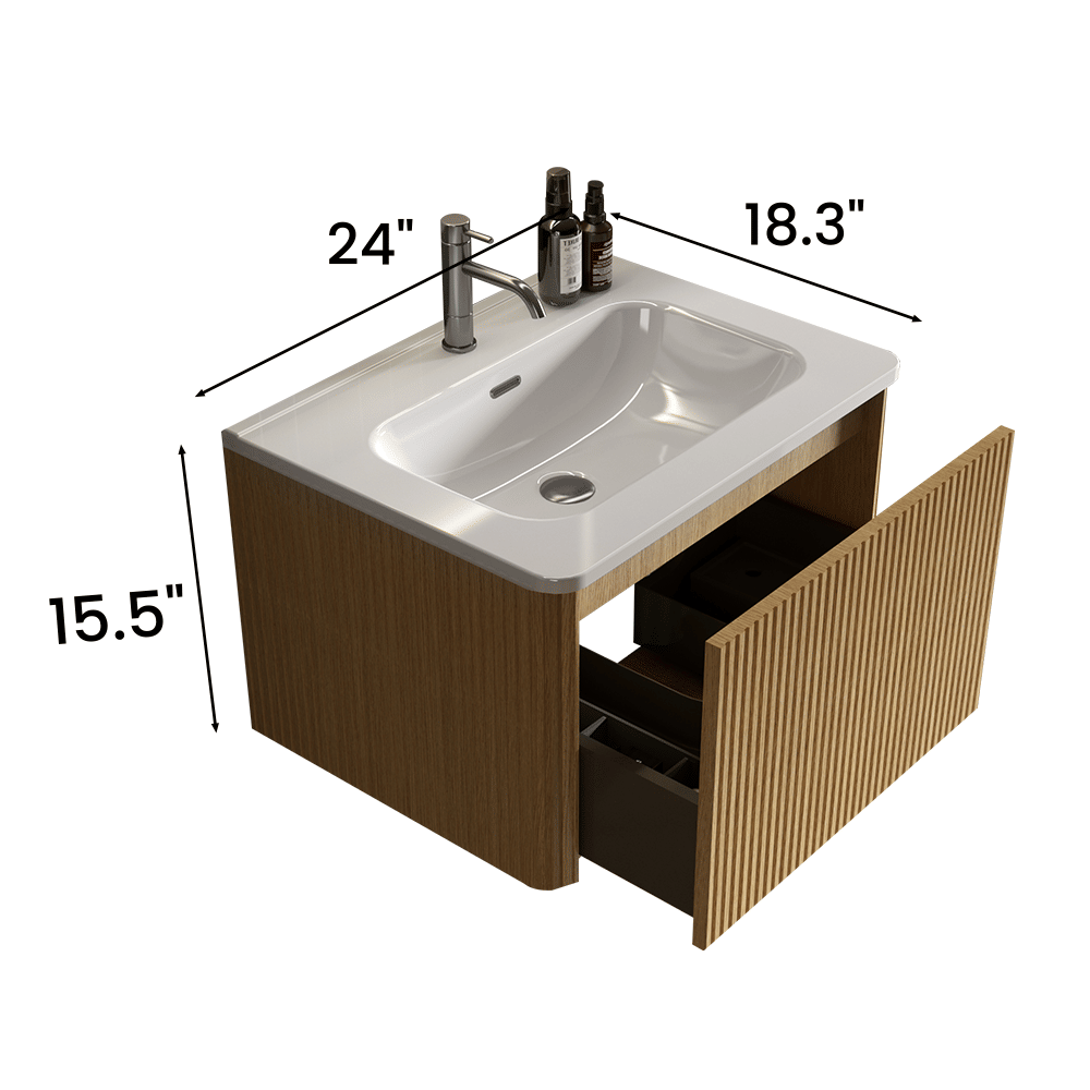 Etna 24" Striped Natural Oak Floating Bathroom Vanity with White Ceramic Sink and Push-Open Drawer