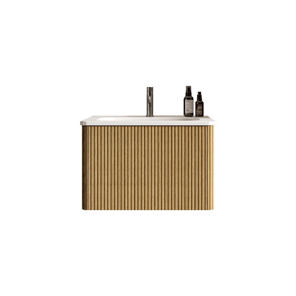 Etna 24" Striped Natural Oak Floating Bathroom Vanity with White Ceramic Sink and Push-Open Drawer