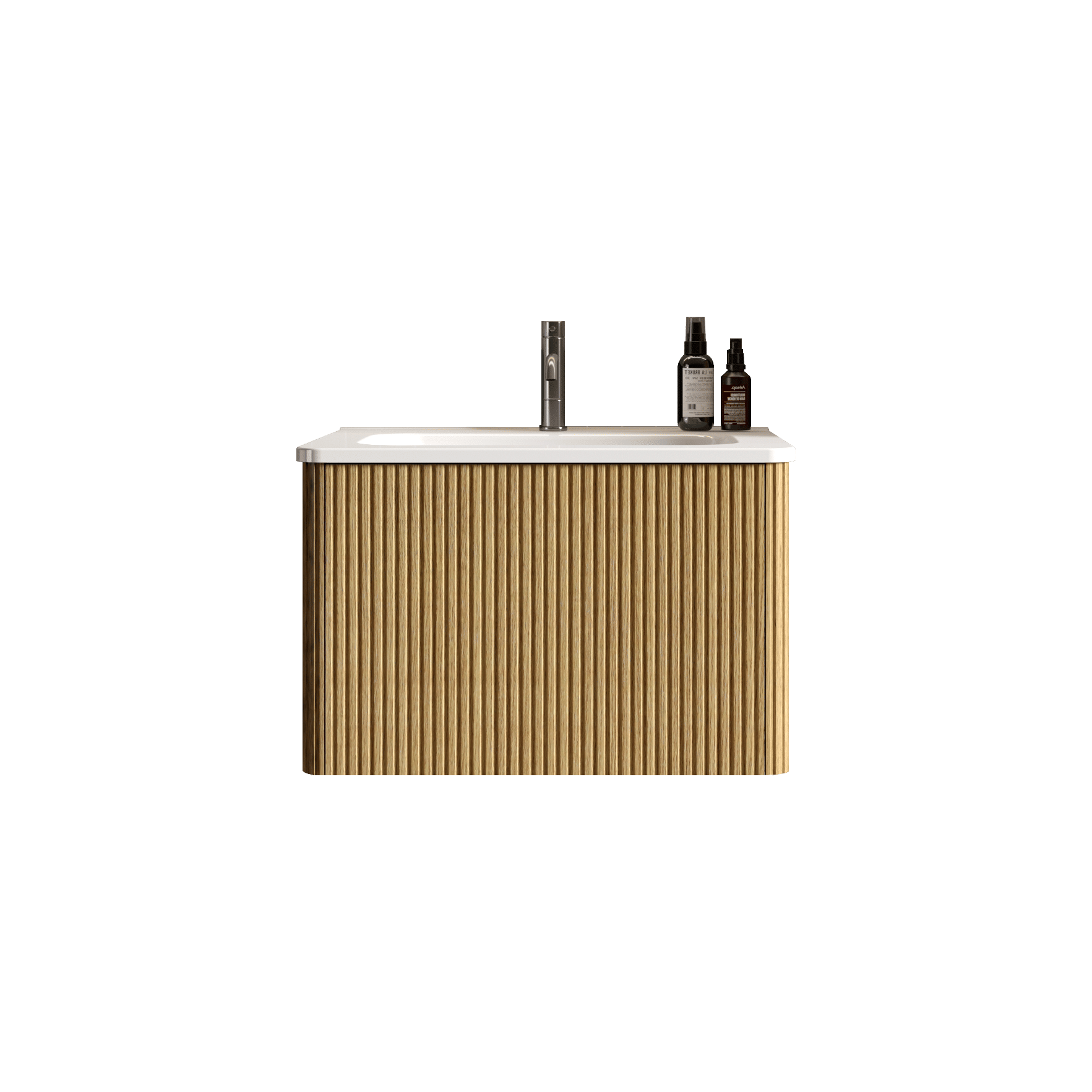 Etna 24" Striped Natural Oak Floating Bathroom Vanity with White Ceramic Sink and Push-Open Drawer