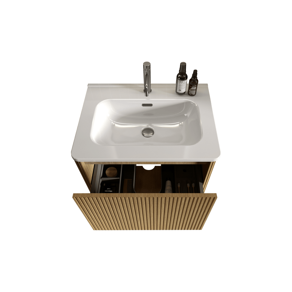 Etna 24" Striped Natural Oak Floating Bathroom Vanity with White Ceramic Sink and Push-Open Drawer