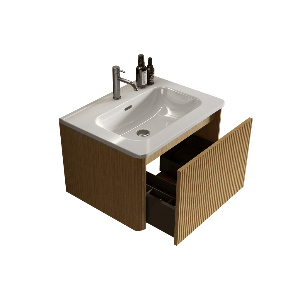Etna 24" Striped Natural Oak Floating Bathroom Vanity with White Ceramic Sink and Push-Open Drawer