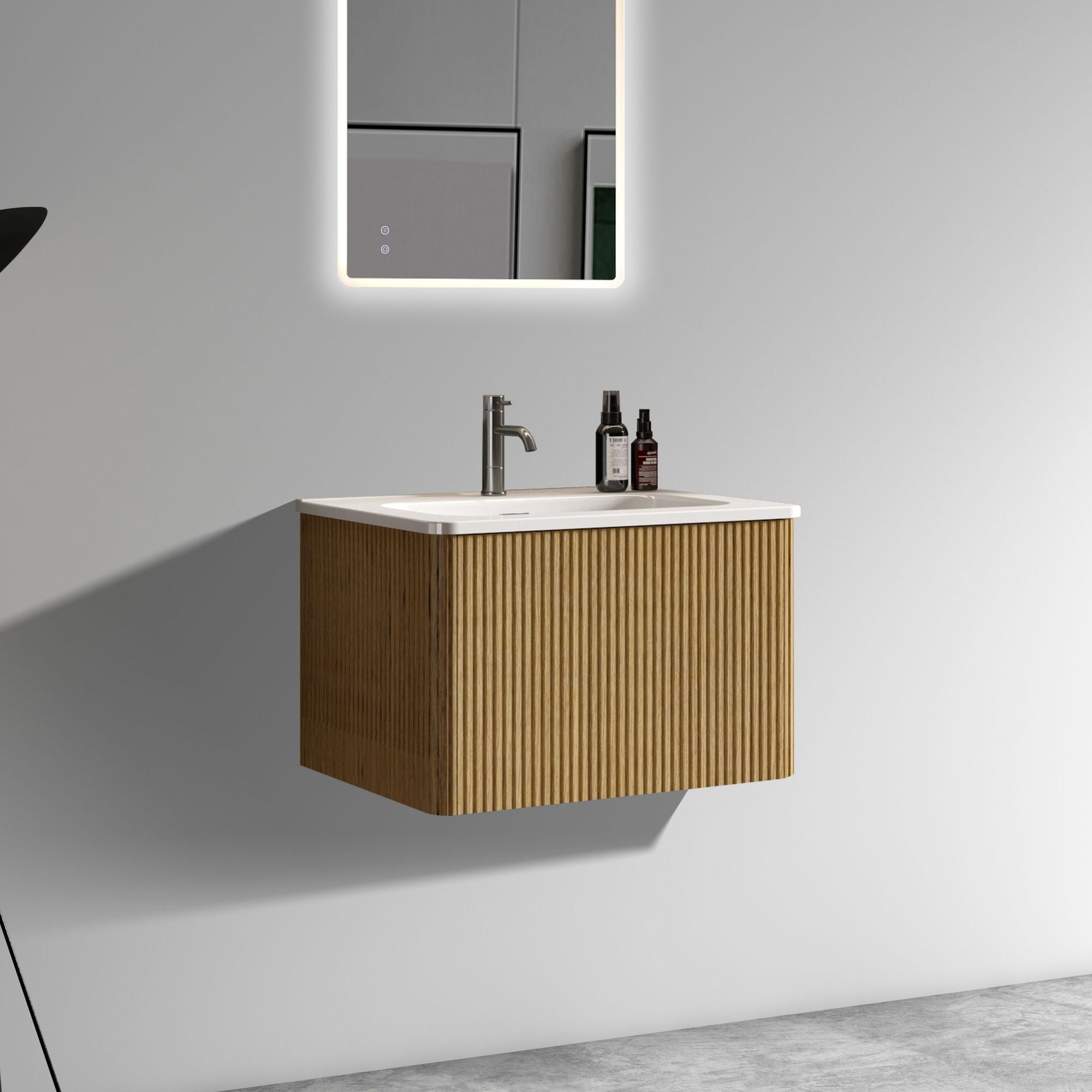 Etna 24" Striped Natural Oak Floating Bathroom Vanity with White Ceramic Sink and Push-Open Drawer