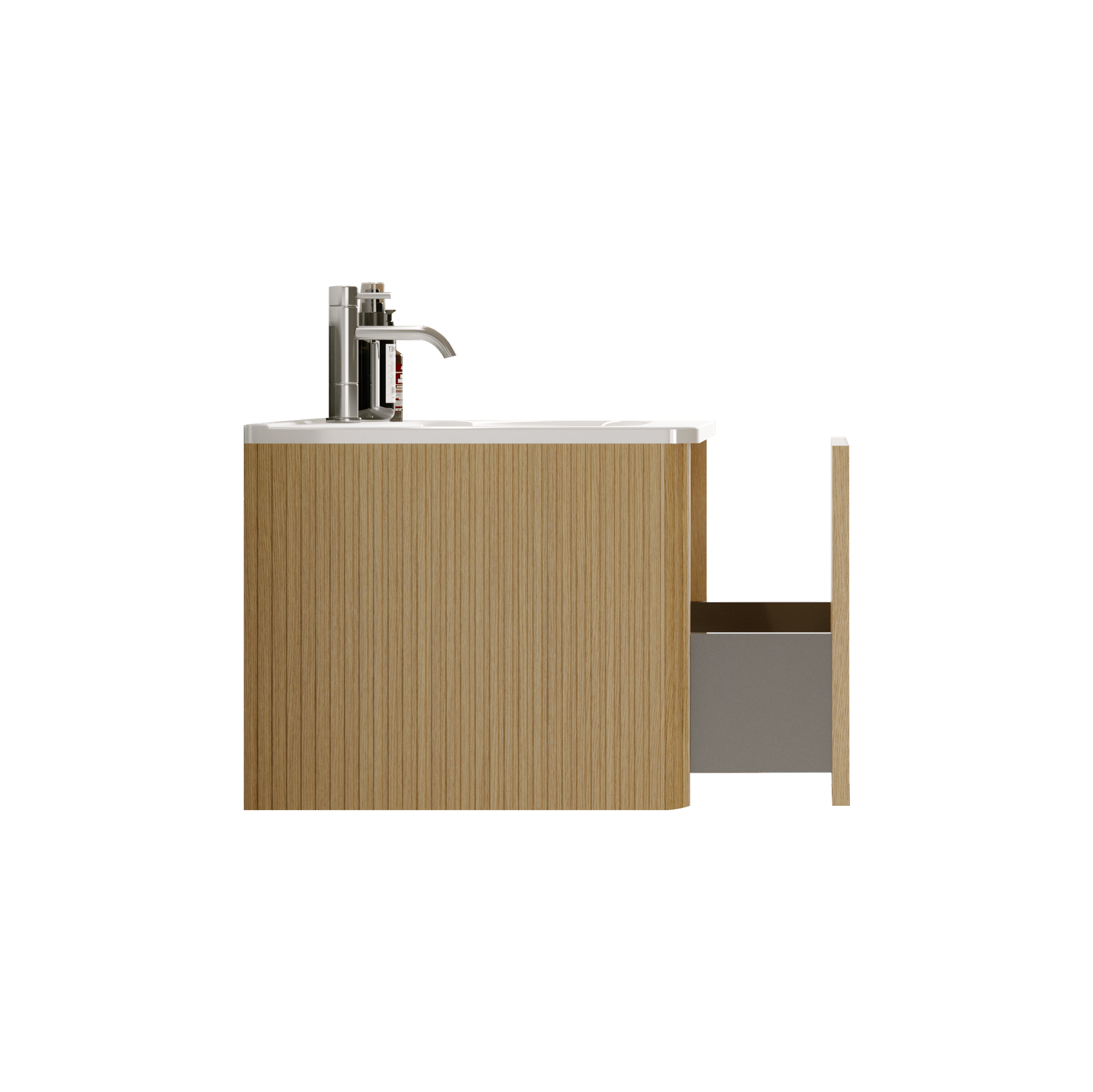 Etna 24" Striped Natural Oak Floating Bathroom Vanity with White Ceramic Sink and Push-Open Drawer