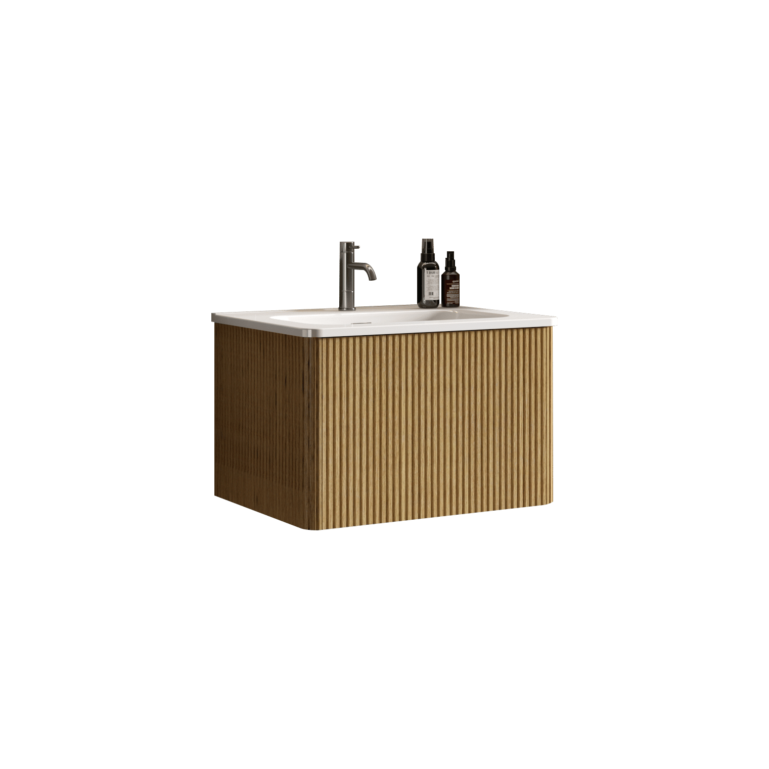 Etna 24" Striped Natural Oak Floating Bathroom Vanity with White Ceramic Sink and Push-Open Drawer
