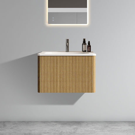 Etna 24" Striped Natural Oak Floating Bathroom Vanity with White Ceramic Sink and Push-Open Drawer