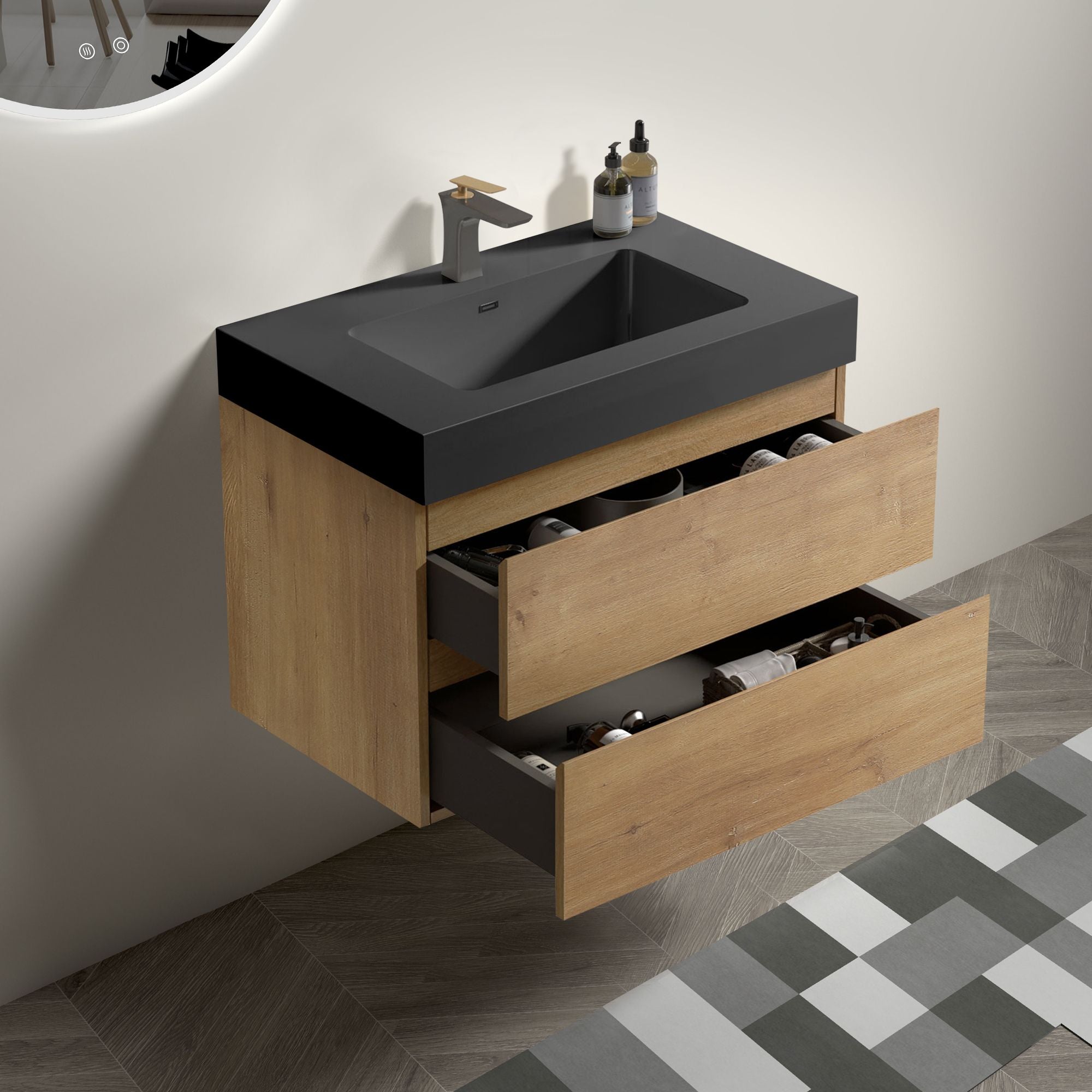 Alice Natural Oak Bathroom Vanity with Sink – Modern Floating Design