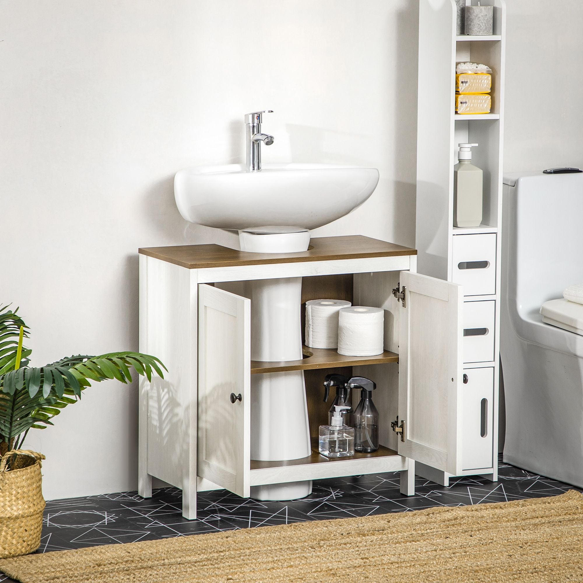 Under Sink Bathroom Storage Cabinet with Adjustable Shelf – Antique White