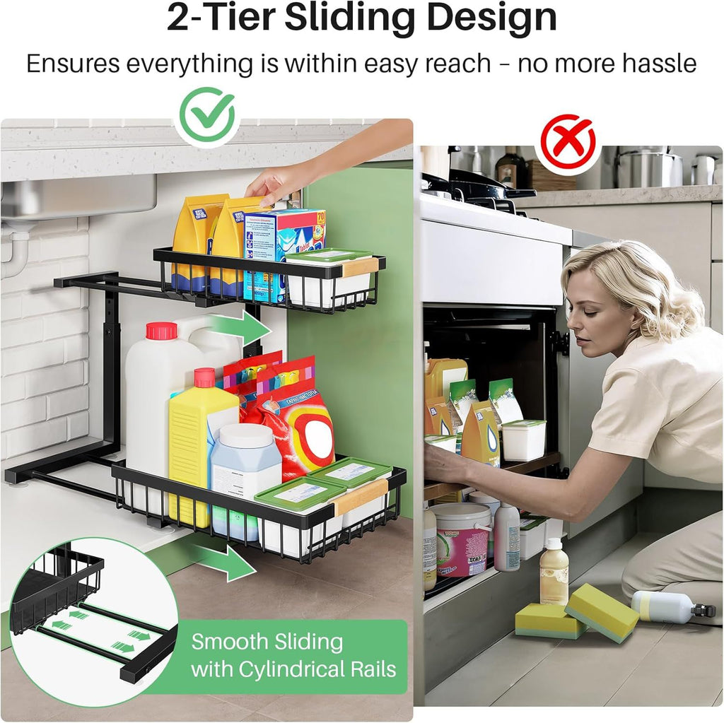 Under Sink Organizer, 2 Tier Under the Sink Storage, Slide out Pull out Cabinet Organizer Shelf, Met