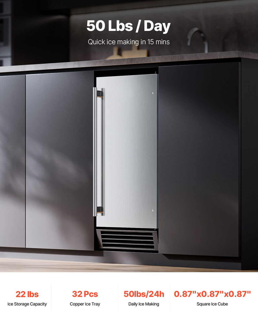Undercounter Ice Maker with Reversible Door and Drain Pump