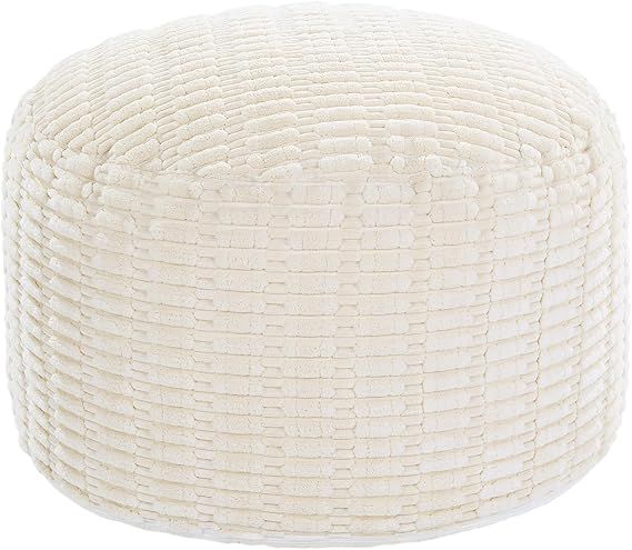 Unstuffed Faux Fur Ottoman Pouf with Storage – Round Striped Tufted Rest
