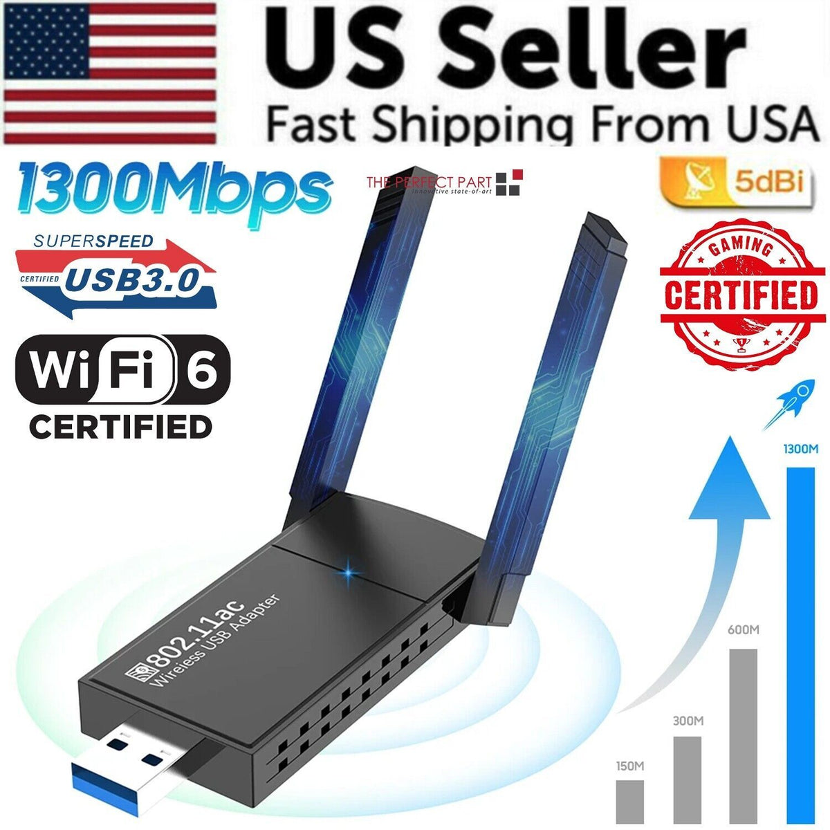 USB 3.0 Wireless WiFi Adapter with 1300Mbps and Dual Band 5GHz