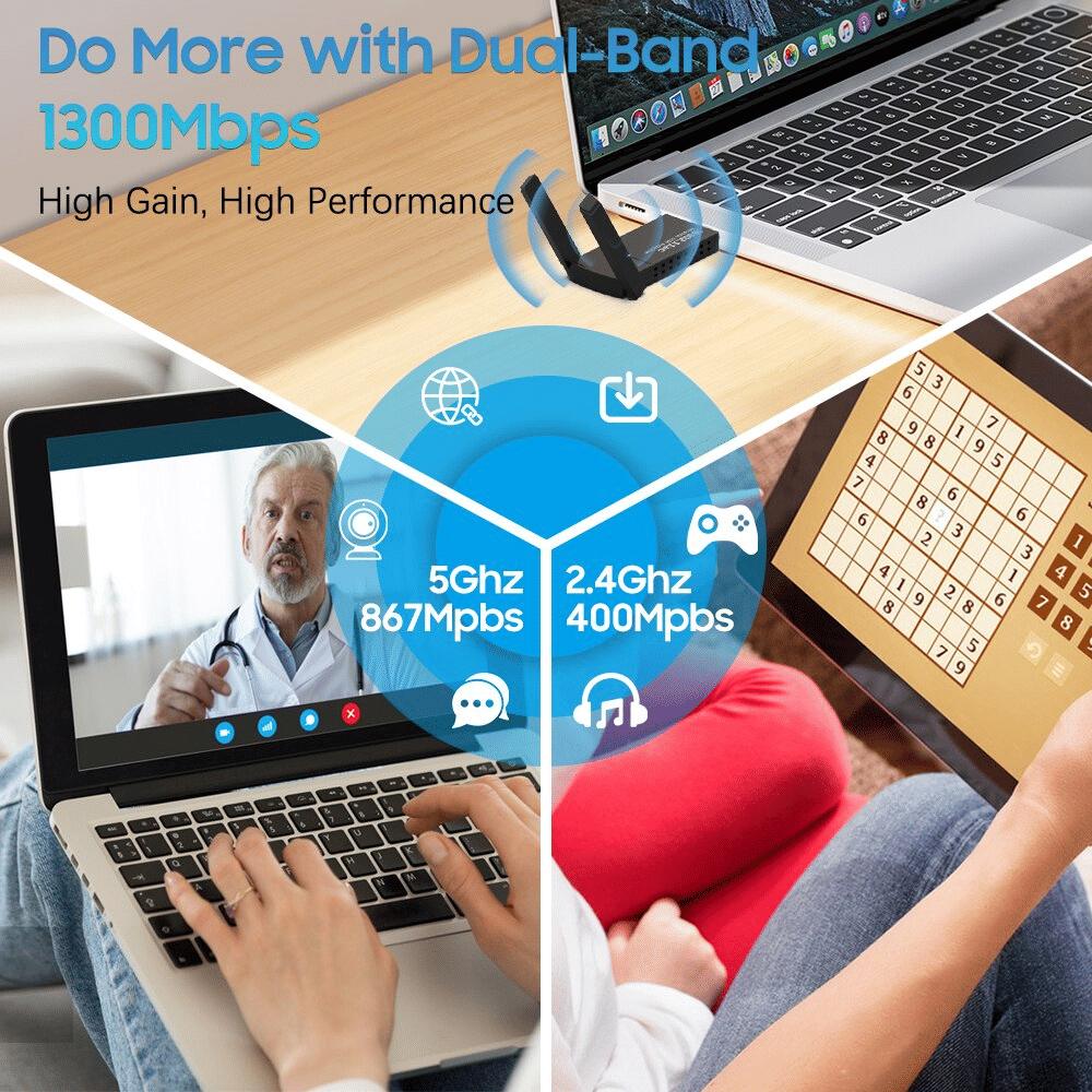 USB 3.0 Wireless WiFi Adapter with 1300Mbps and Dual Band 5GHz