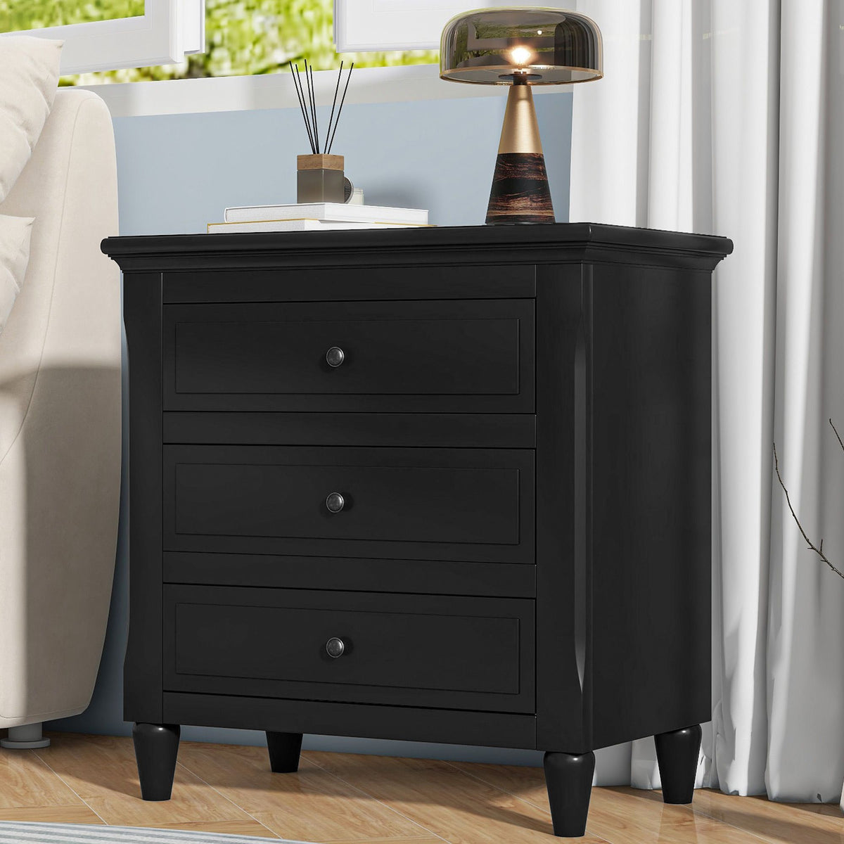Stylish Nightstand with 3 Drawers and Smooth Gliding Rails