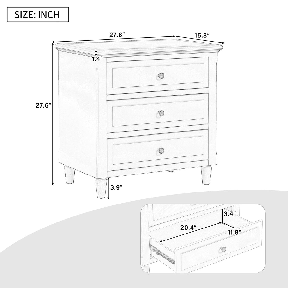 Stylish Nightstand with 3 Drawers and Smooth Gliding Rails
