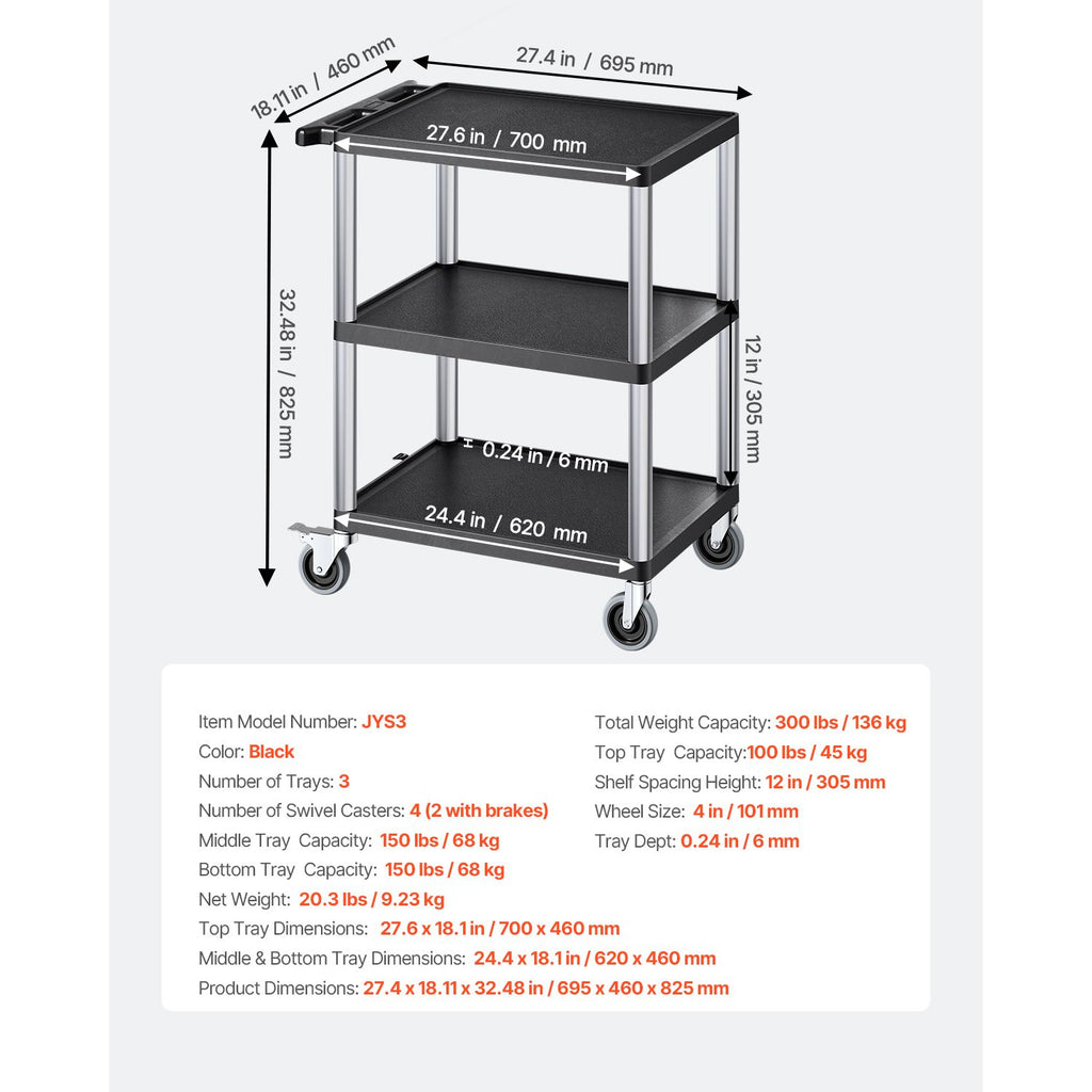 3-Tier Utility Cart with Mobile Workstation and Storage – For Garage, Warehouse, Office