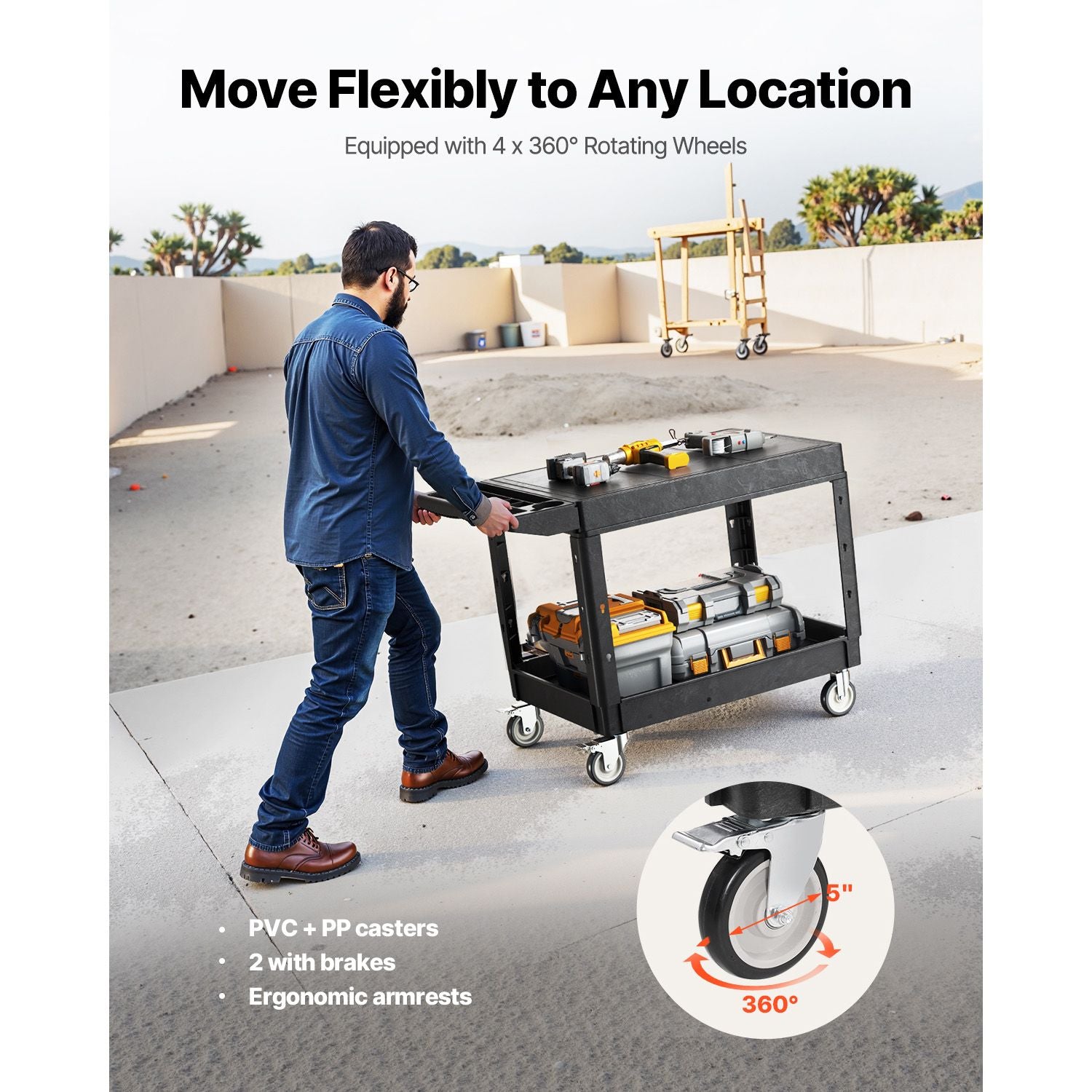 2-Tier Mobile Workstation with Tool Storage and Locking Casters