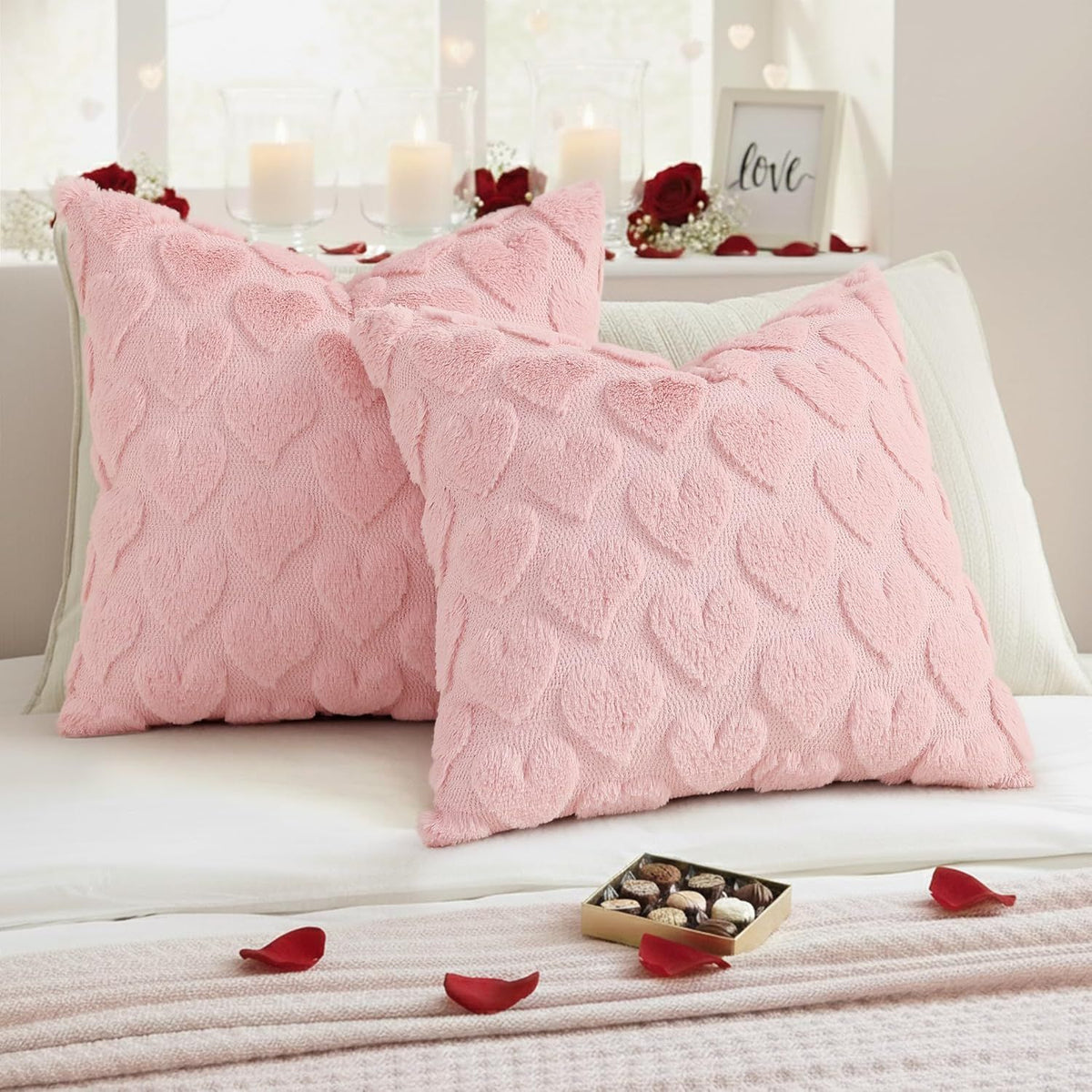 Pink Heart Valentine's Day Pillow Covers, Set of Two