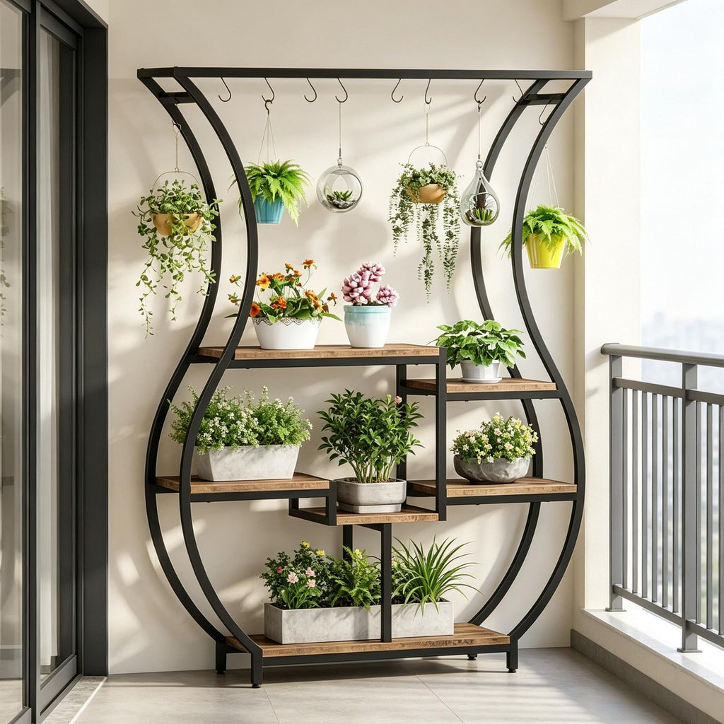 Vase-Shaped Tiered Plant Stand with Hanging Hooks
