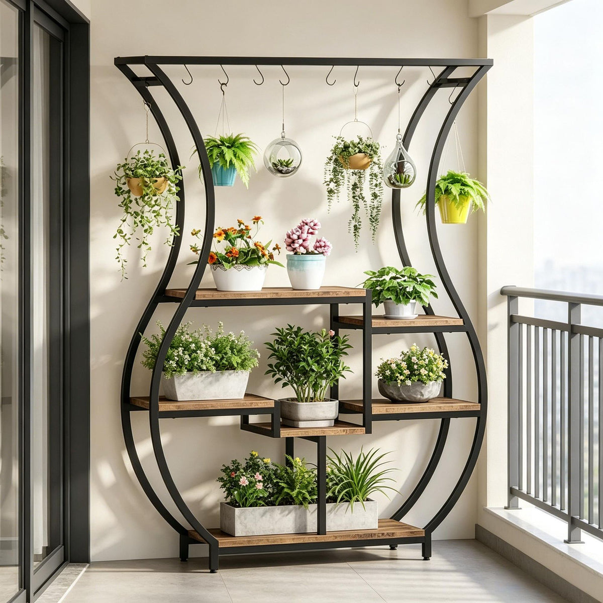 Vase-Shaped Tiered Plant Stand with Hanging Hooks
