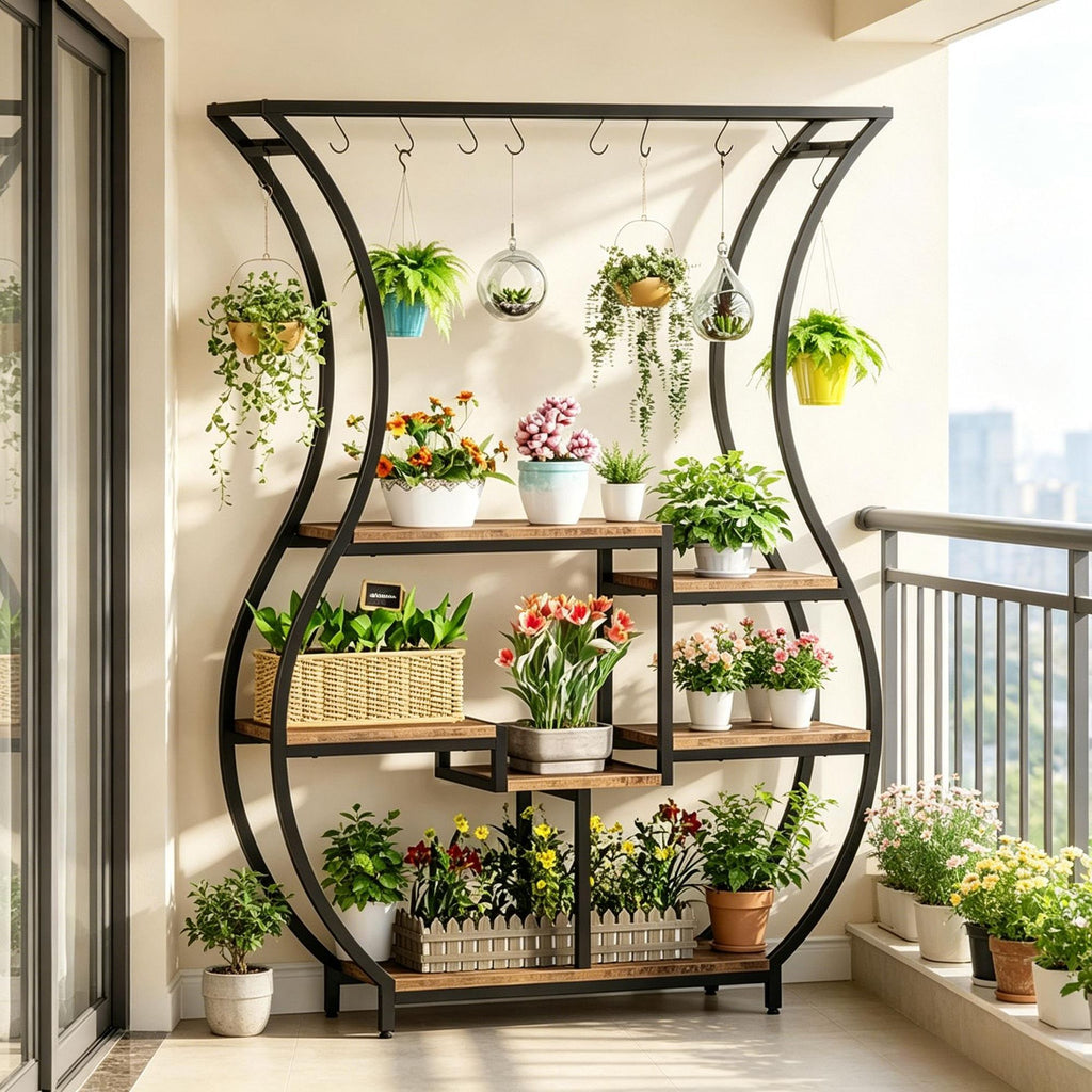 Vase-Shaped Tiered Plant Stand with Hanging Hooks