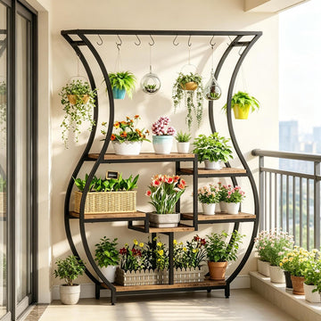Vase-Shaped Tiered Plant Stand with Hanging Hooks