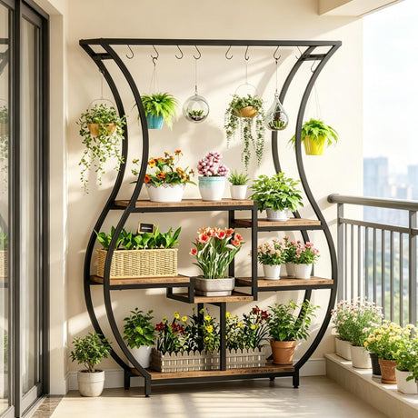 Vase-Shaped Tiered Plant Stand with Hanging Hooks