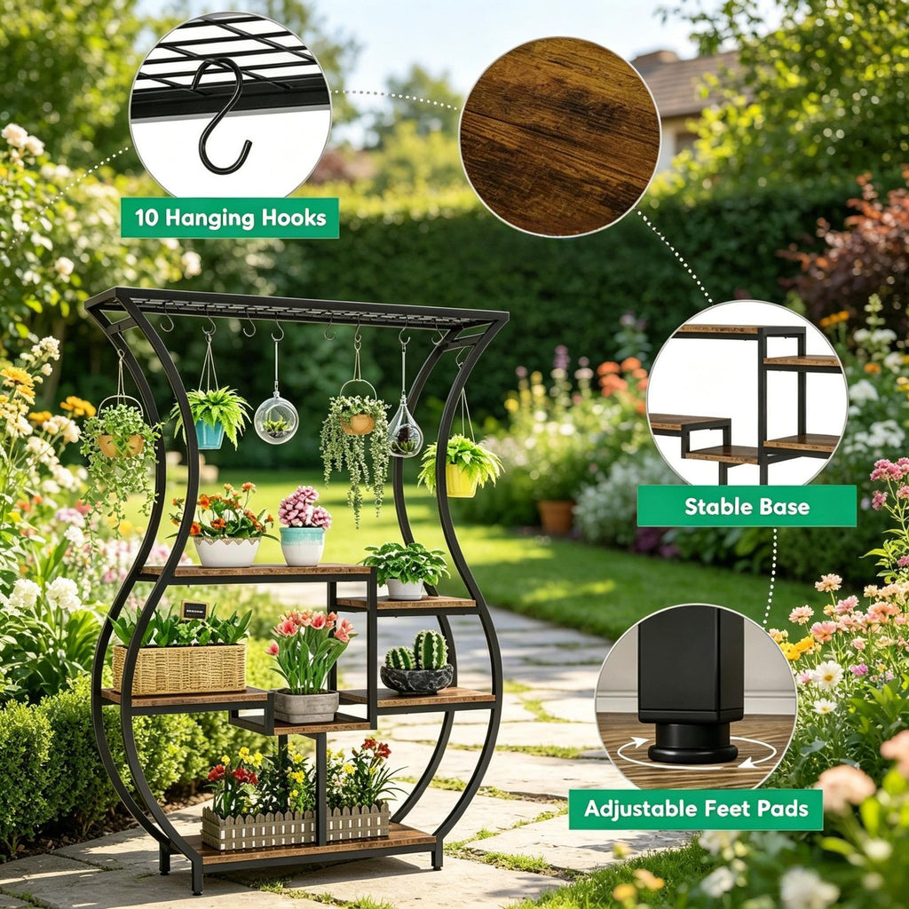 Vase-Shaped Tiered Plant Stand with Hanging Hooks