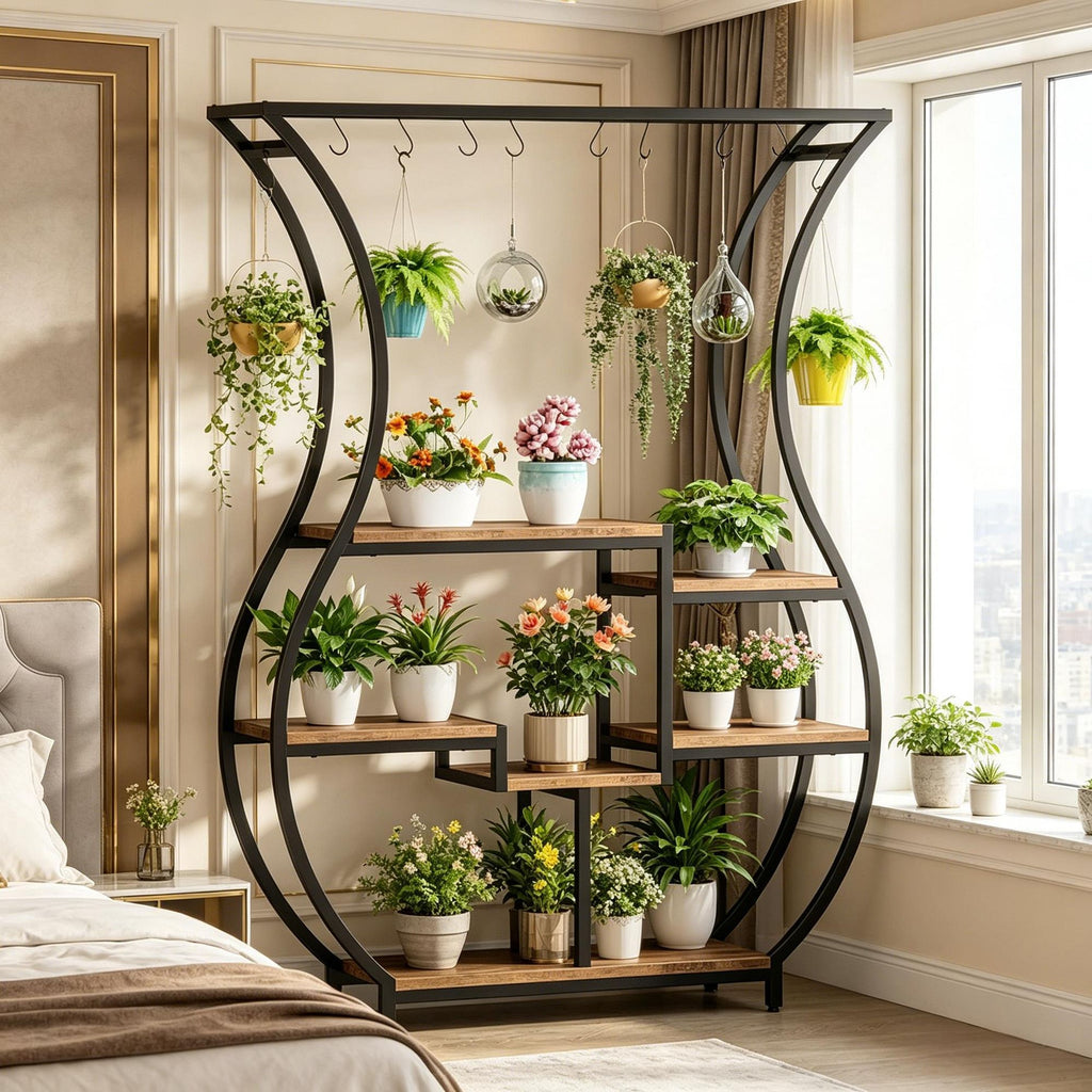 Vase-Shaped Tiered Plant Stand with Hanging Hooks
