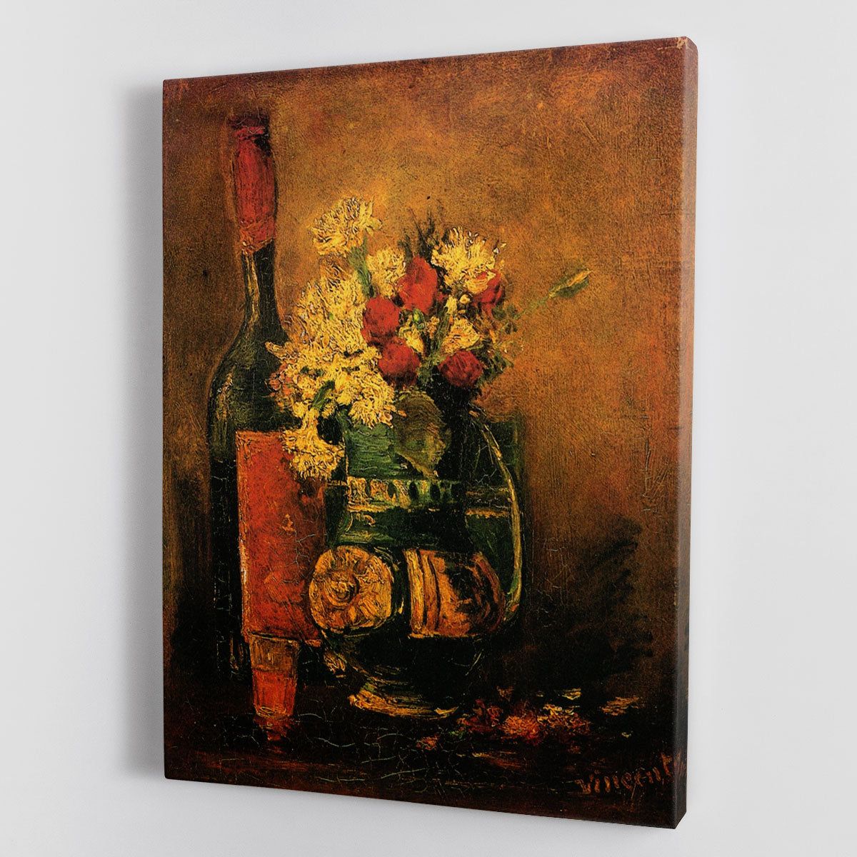 Vase with Carnations and Roses and a Bottle by Van Gogh Canvas Print or Poster