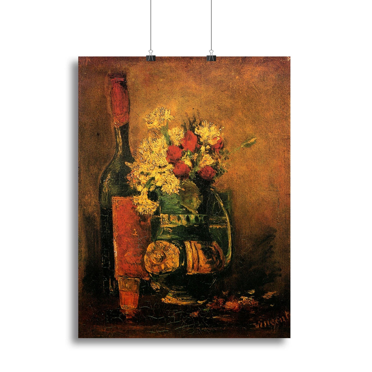 Vase with Carnations and Roses and a Bottle by Van Gogh Canvas Print or Poster - 28" x 20" / 70cm x 50cm (approx) / Standard Framed Canvas Print