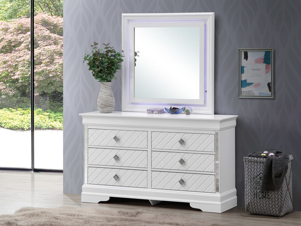 Silver Champagne Dresser with Embossed X Design and Chrome Pulls